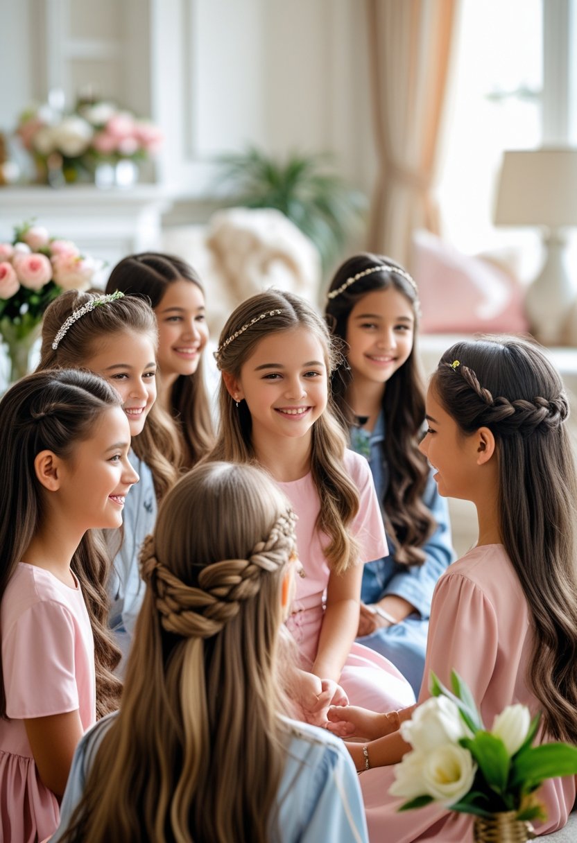 A group of young girls sitting together indoors, smiling and showing different hairstyles.
